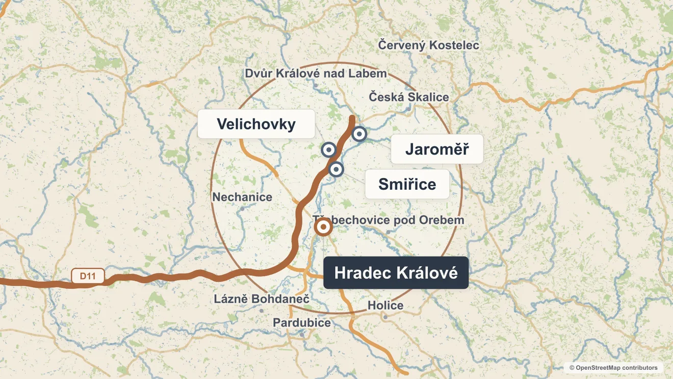 Mapa působnosti v Královéhradeckém kraji: Hradec Králové, Jaroměř a okolí