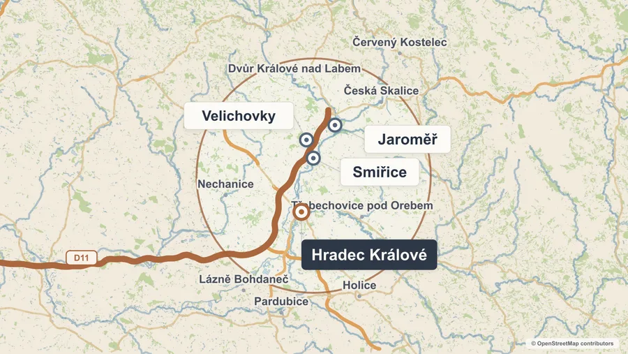 Mapa oblasti působnosti mezi Hradcem Králové, Jaroměří a Velichovkami